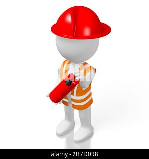 3D fireman holding fire extinguisher, white background Stock Photo