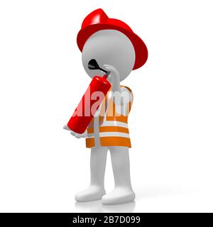 3D fireman holding fire extinguisher, white background Stock Photo