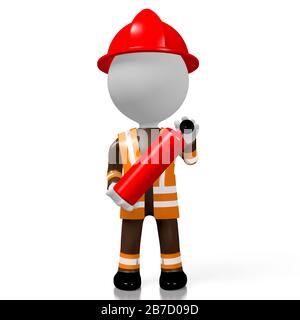 3D fireman holding fire extinguisher, white background Stock Photo