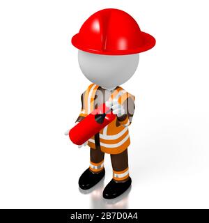 3D fireman holding fire extinguisher, white background Stock Photo