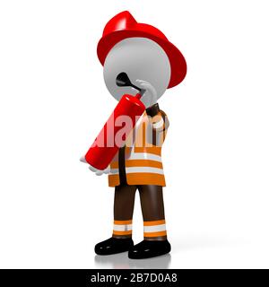 3D fireman holding fire extinguisher, white background Stock Photo