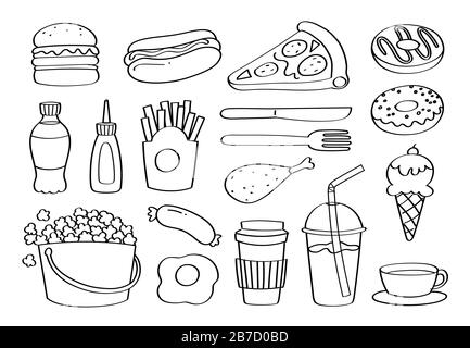 Cute doodle fast food or junk food cartoon icons and objects. Stock Vector