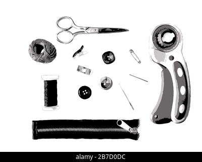 Realistic sewing tools black and white vector. Isolated. Stock Vector