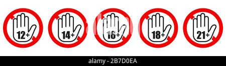 Set of age restriction signs. Age limit concept with hand icon. Vector illustration. Warning signs Stock Vector