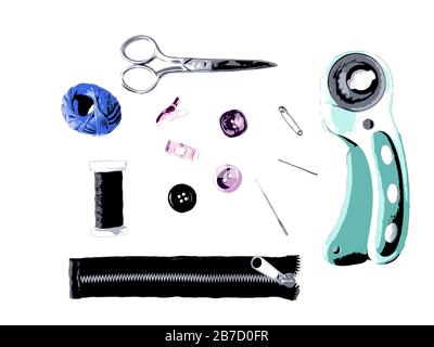 Realistic sewing tools color vector. Isolated. Stock Vector
