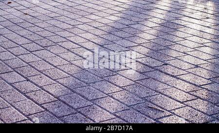 Old City Pavement Textured Background. Paving Tiles in Sunlight. Sunlight on Pavement Stock Photo