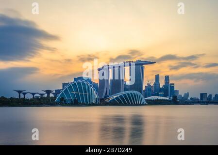 singapore - February 4, 2020: skyline of singapore at the marina bay with iconic building such as supertree, marina bay sands, artscience museum. Stock Photo