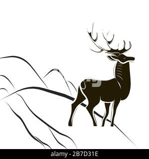 Graceful proud deer with big horns. Black and white silhouette. Male deer stands on edge of mountain slope. Side view. Victory symbol of good over evi Stock Vector
