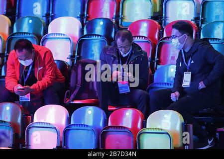 London, UK. 15th Mar, 2020. Officials wearing face masks to avoid catching the coronavirus during The Road to Tokyo, Olympic Boxing Qualification, at The Copperbox, Queen Elizabeth Olympic Park, Stratford, London. March 15 2020. Credit: European Sports Photographic Agency/Alamy Live News Stock Photo