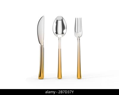 fork, knife and spoon set. 3d illustration of silver-gold kitchenware Stock Photo
