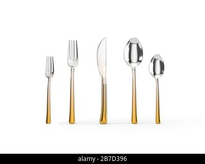 fork, knife and spoon set. 3d illustration of silver-gold kitchenware Stock Photo