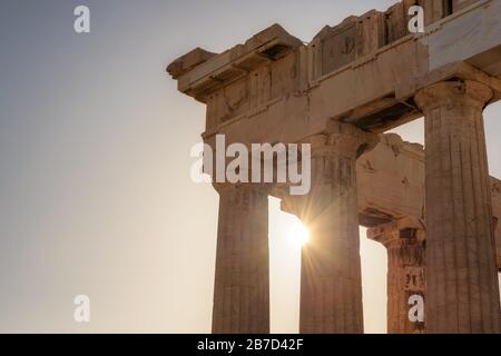 Parthenon Temple at sunrise Closeup , Acropolis of Athens, Greece. Stock Photo