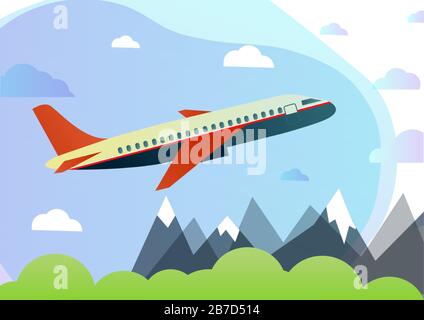 Flight of the plane in the sky. Passenger planes, airplane, aircraft, flight, clouds, sky, sunny weather. Color flat icons. Vector illustration Stock Vector