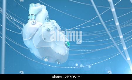 Artificial robotic internal organ - white plastic silicone human replacement heart with glowing parts and wires. Biotech, medical technology longevity Stock Photo