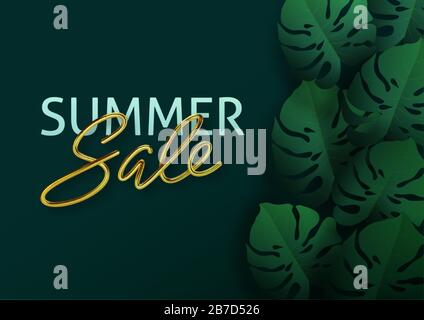 Hello summer, summertime, sale. Text poster against the background of tropical plants. Palm leaves, jungle leaf and gold lettering. The poster for Stock Vector