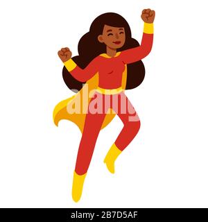 Cartoon superhero black woman in red costume with cape. Cute female super hero character drawing, simple vector clip art illustration. Stock Vector