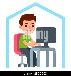 Cute cartoon character working from home. Remote work and telecommuting, or freelance job. Isolated vector clip art illustration in simple flat style. Stock Vector