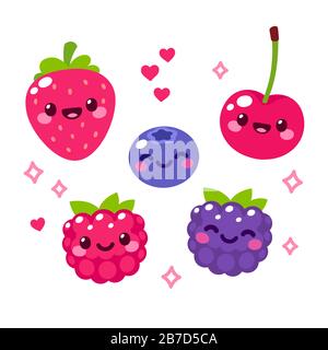 Kawaii cartoon berries set. Funny fruit characters with smiling faces, hearts and sparkles. Cute and simple doodle style drawing, isolated vector clip Stock Vector