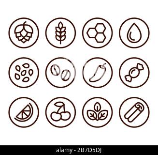 Beer ingredient labels icon set. Craft beer brewing spices and flavors. Simple line icons collection. Stock Vector