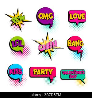 Pow omg love party kiss lol speech bubble comic text Stock Vector