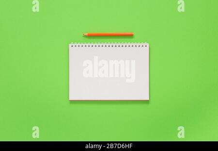 Open spiral notepad on on a green background , notebook and pen lie on textural paper, flat lay concept Stock Photo
