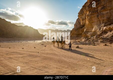 WADI RUM, JORDAN - JANUARY 31, 2020: Impressive sky with sun rays over people riding camels. Colorful image against Sun, winter puffy clouds afternoon sky. Desert, Hashemite Kingdom of Jordan Stock Photo
