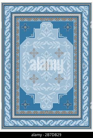 Carpet design with ethnic ornament of blue shades and a floral pattern in bluish tones in the on the middle Stock Photo