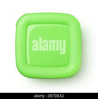 Top view of plastic food container with green lid isolated on white Stock Photo