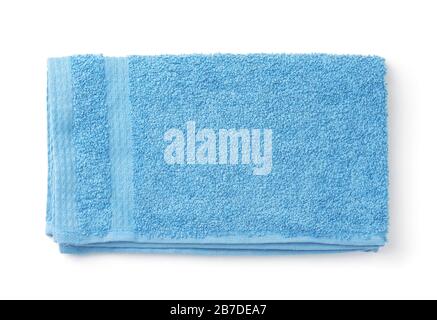 Top view of folded blue terry towel isolated on white Stock Photo