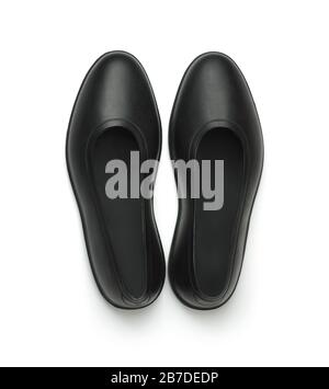 Top view of black rubber overshoe waterproof galoshes isolated on white Stock Photo