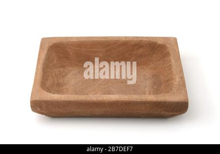 Front view of empty wooden square plate isolated on white Stock Photo