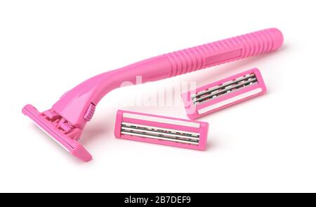 Pink shaving razor and replacement razor heads isolated on a white Stock Photo