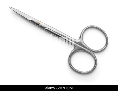 Top view of stainless steel manicure scissors isolated on white Stock Photo
