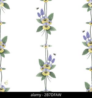 seamless watercolor floral vector pattern with viola's, grape hyacinth, bumblebee and butterfly, hand painted delicate and elegant flowers Stock Vector