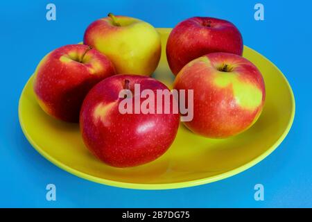 Four fresh wet red apples isolated on blue background. Stock Photo