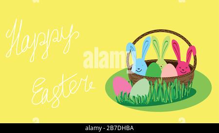 basket with easter multi-colored eggs. three eggs with rabbit ears, and two lie on the grass near the basket on a yellow background with white handwri Stock Vector