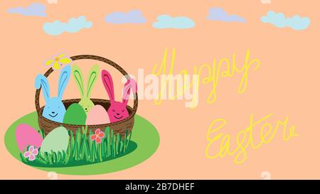 basket with easter multi-colored eggs. three eggs with rabbit ears, and two lie on the grass near the basket on a pink background with clouds with yel Stock Vector