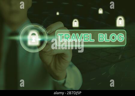 Writing note showing Travel Blog. Business concept for Sharing thoughts and experiences of the places around the world Stock Photo