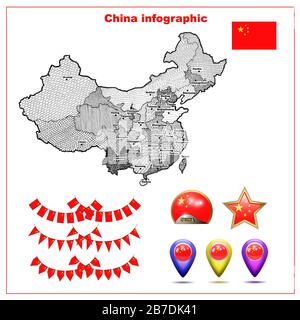 Bright Map of China. map of China graphic illustration on white background. Set illustration with map, flag, buttons and navigation web buttons. Stock Photo