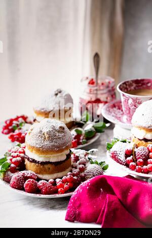 Victoria Sponge Cake with raspberry jam and whipped cream , generously sprinkled with powdered sugar , served with fruits. Stock Photo