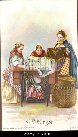 Three Newhaven fishwives in national  costume,advertising  their Singer sewing machine 1894.    Left hand woman unmarried costume, right hand woman in married woman's costume. Stock Photo