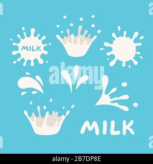 White milk splash set. Bolt on blue background Stock Vector