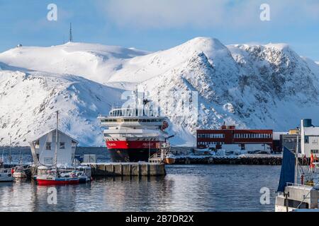 Hurtigruten cruise ship docked in Honningsvag, Norway. Stock Photo