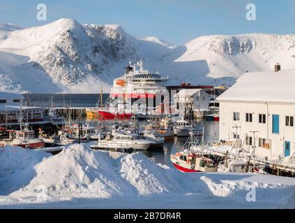 Hurtigruten cruise ship docked in Honningsvag, Norway. Stock Photo