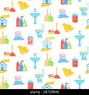 Seamless pattern with cleaning tools in bathroom. Stock Vector