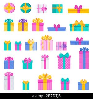 Set of bright fun holiday gift boxes. Stock Vector
