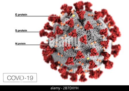 This illustration, created at the Centers for Disease Control and Prevention (CDC), reveals ultrastructural morphology exhibited by coronaviruses. Note the spikes that adorn the outer surface of the virus, which impart the look of a corona surrounding the virion when viewed electron microscopically. Credit: UPI/Alamy Live News