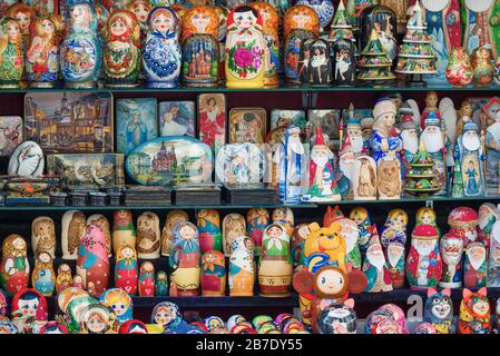 ST. PETERSBURG, RUSSIA - DECEMBER 02, 2019: Russian wooden tourist souvenirs on the counter of a souvenir kiosk Stock Photo