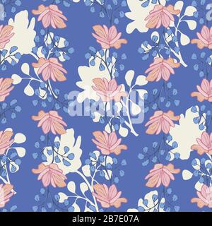 pink floral seamless vector pattern on blue Stock Vector
