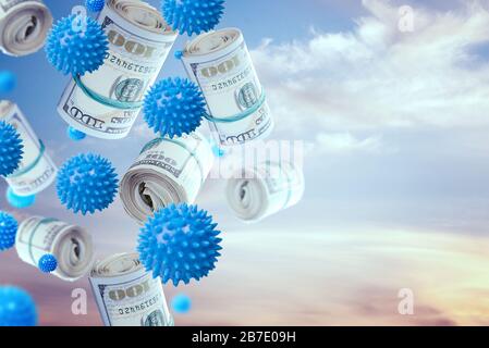 Business hype on coronavirus concept. Photo Collage of dollar bill rolls, and coronavirus miniatures flying in midair. Stock Photo